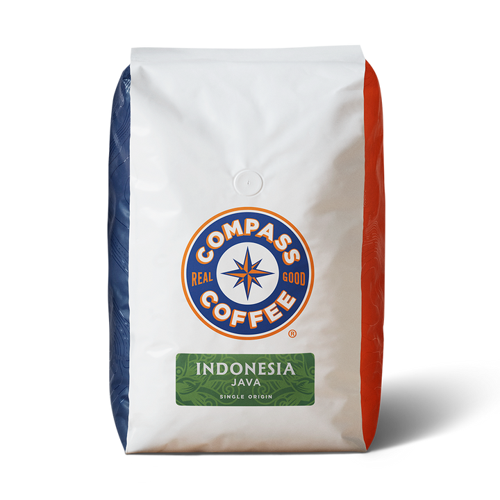 Coffee bag with Compass Coffee logo and 'Indonesia Java' text on a white background