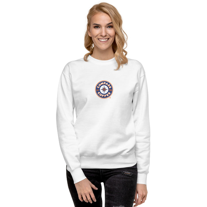 Compass Coffee Unisex Premium Sweatshirt in White Front