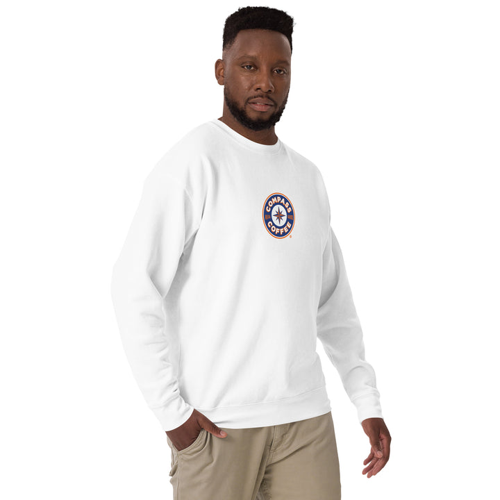 Compass Coffee Unisex Premium Sweatshirt in White Front