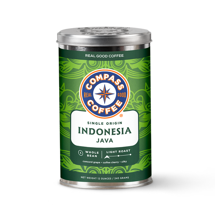 Compass Coffee Indonesia Java coffee can on a white background