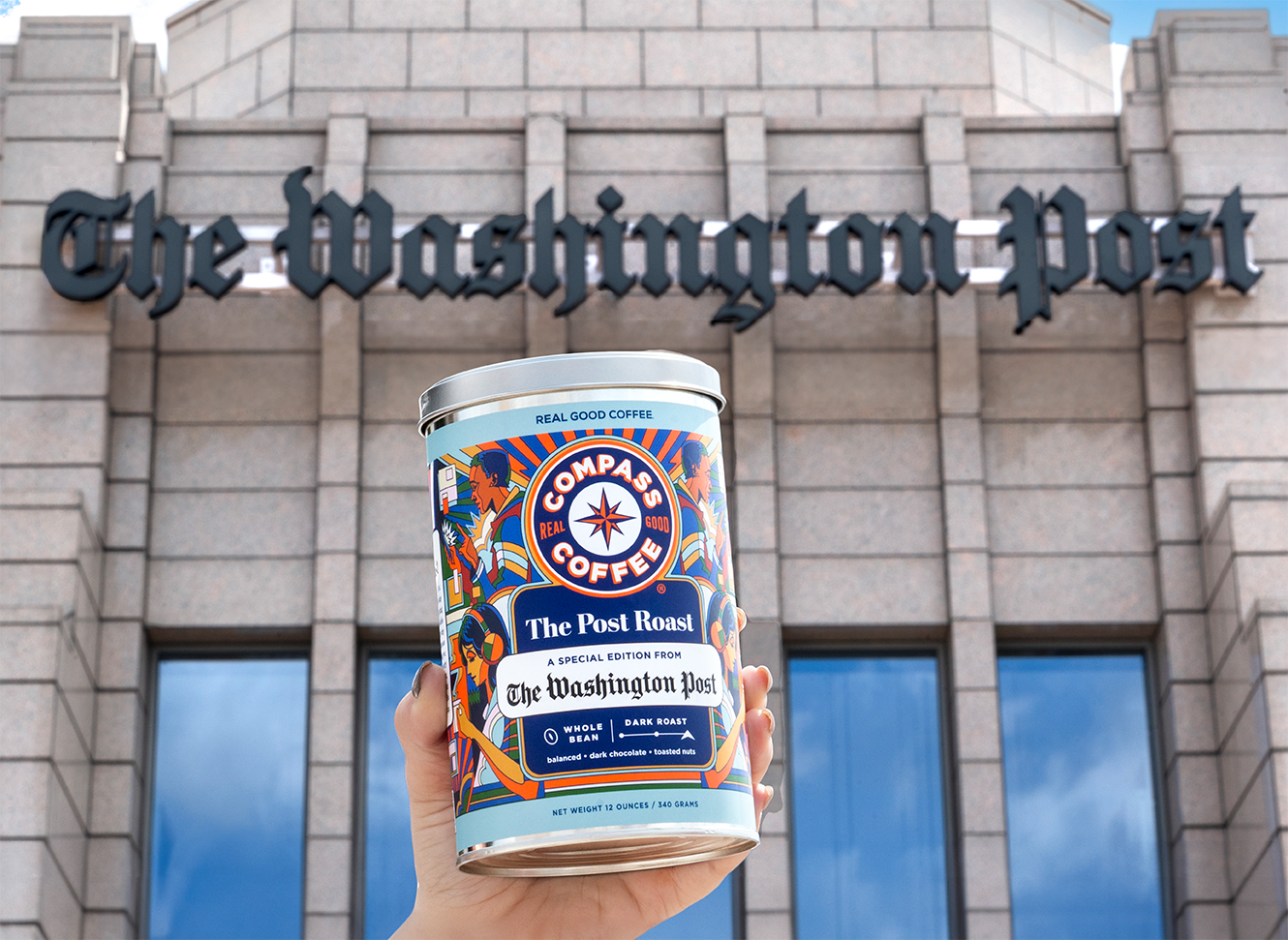 Compass Coffee's Post Roast and the iconic Washington Post sign in Washington DC