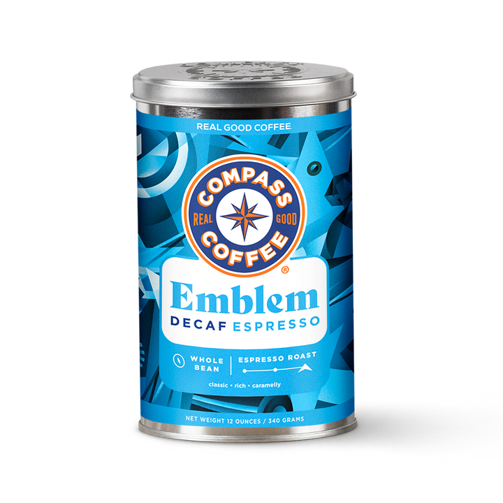 Decaf Emblem Espresso 12oz tin Whole Bean